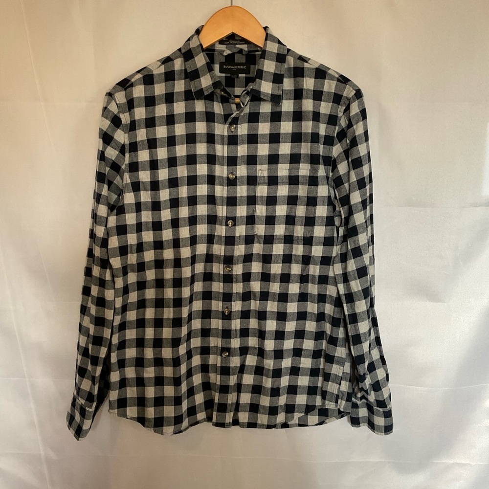 Banana Republic Check Plaid Flannel Button Down Shirt Untucked Fit Navy Grey M
